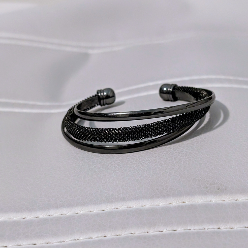 Lia Sophia Bracelet Black Meshed Mesh Cuff Three Band Bracelet